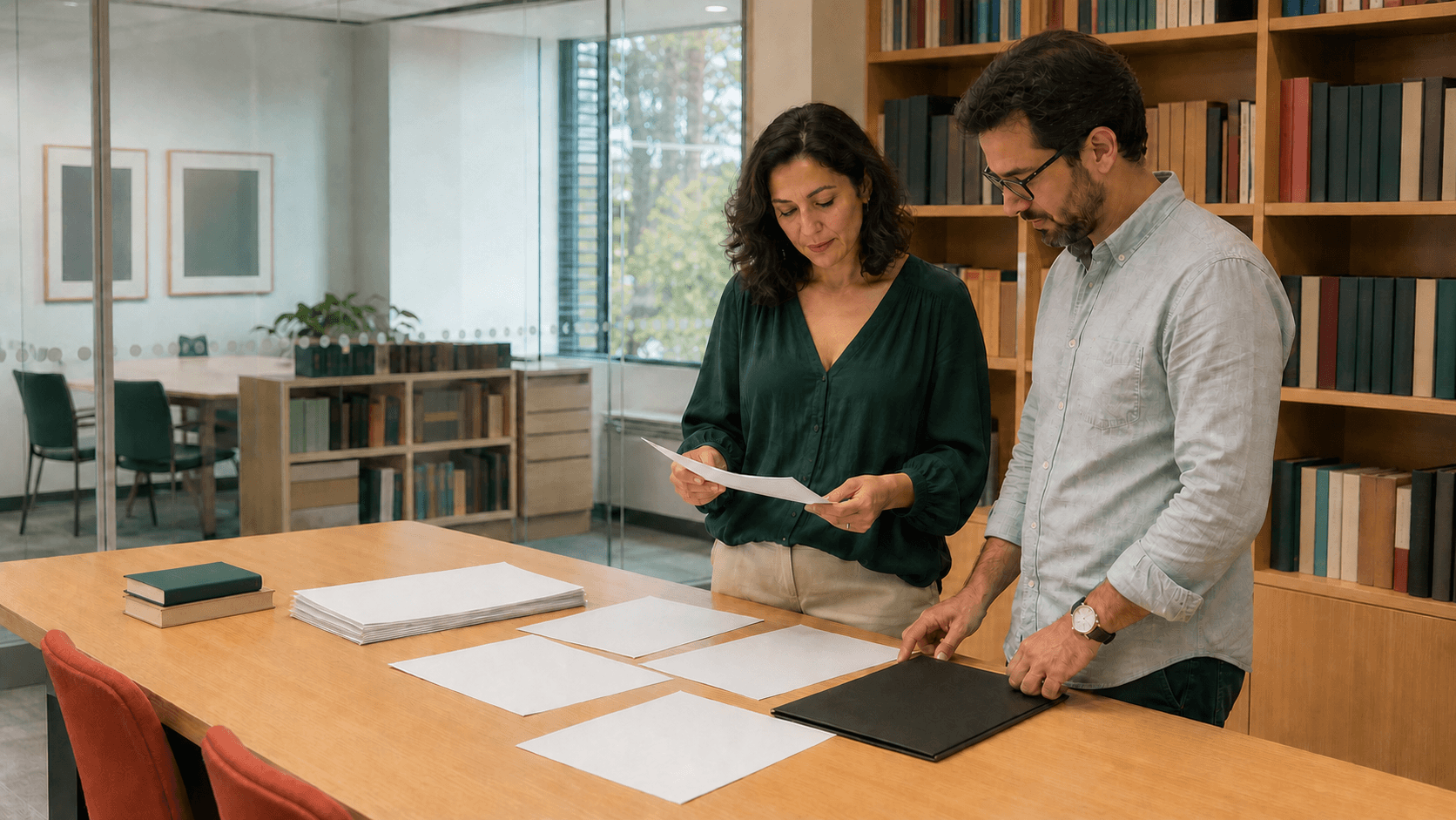 Two academic researchers organize generic title-page and manuscript files in a university editorial support room.