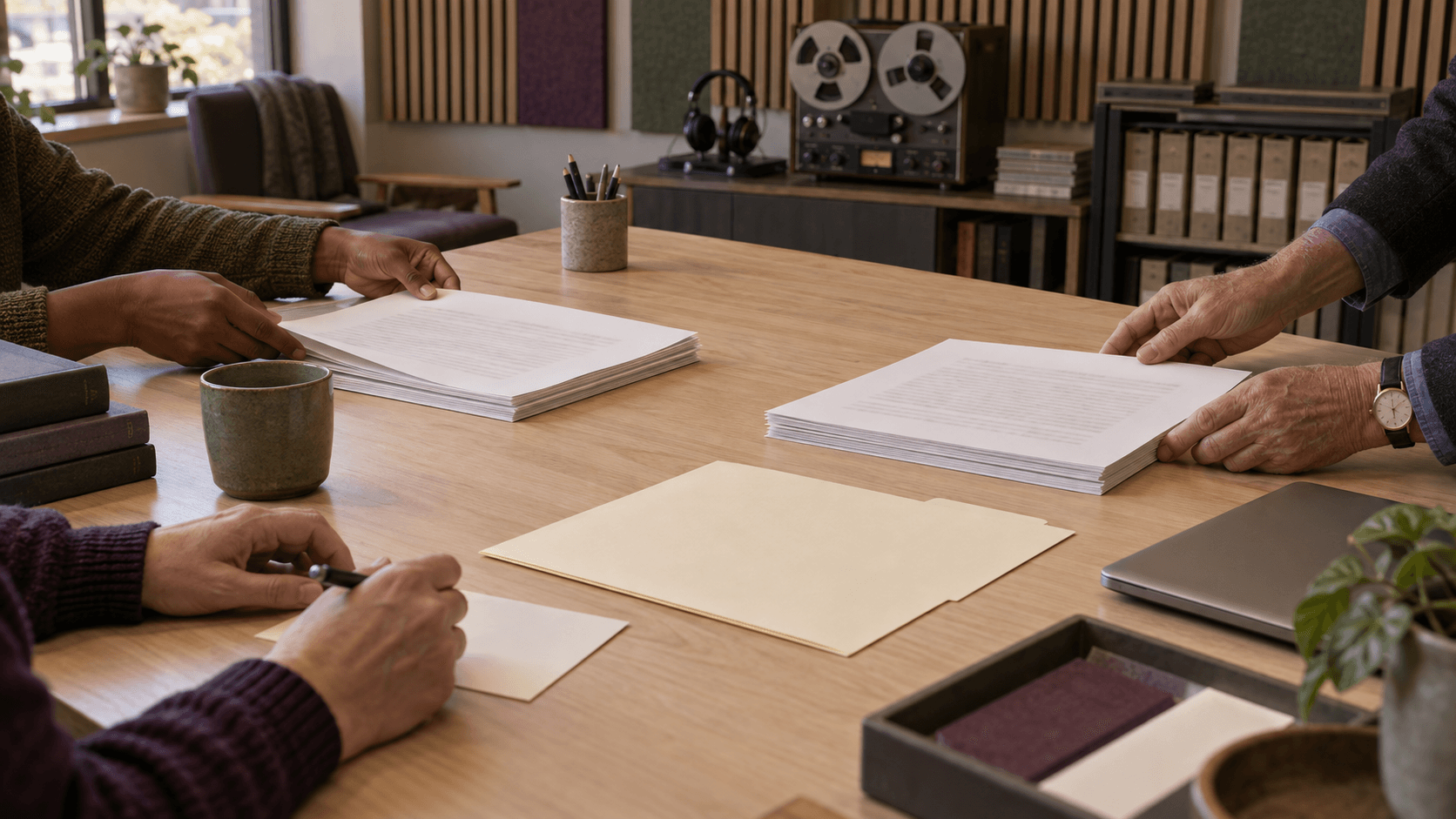 Three humanities researchers organize generic manuscript pages and a blank author-information folder in a university oral-history listening room.