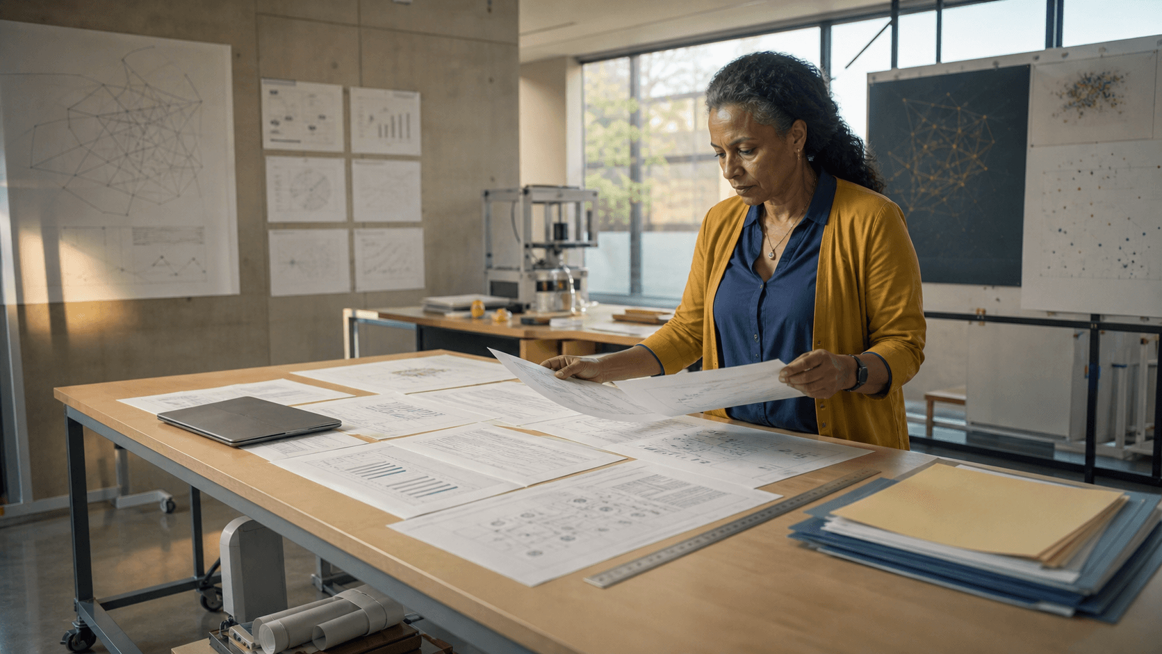 A research engineer organizes generic equation, table, and chart pages in a university visualization studio.