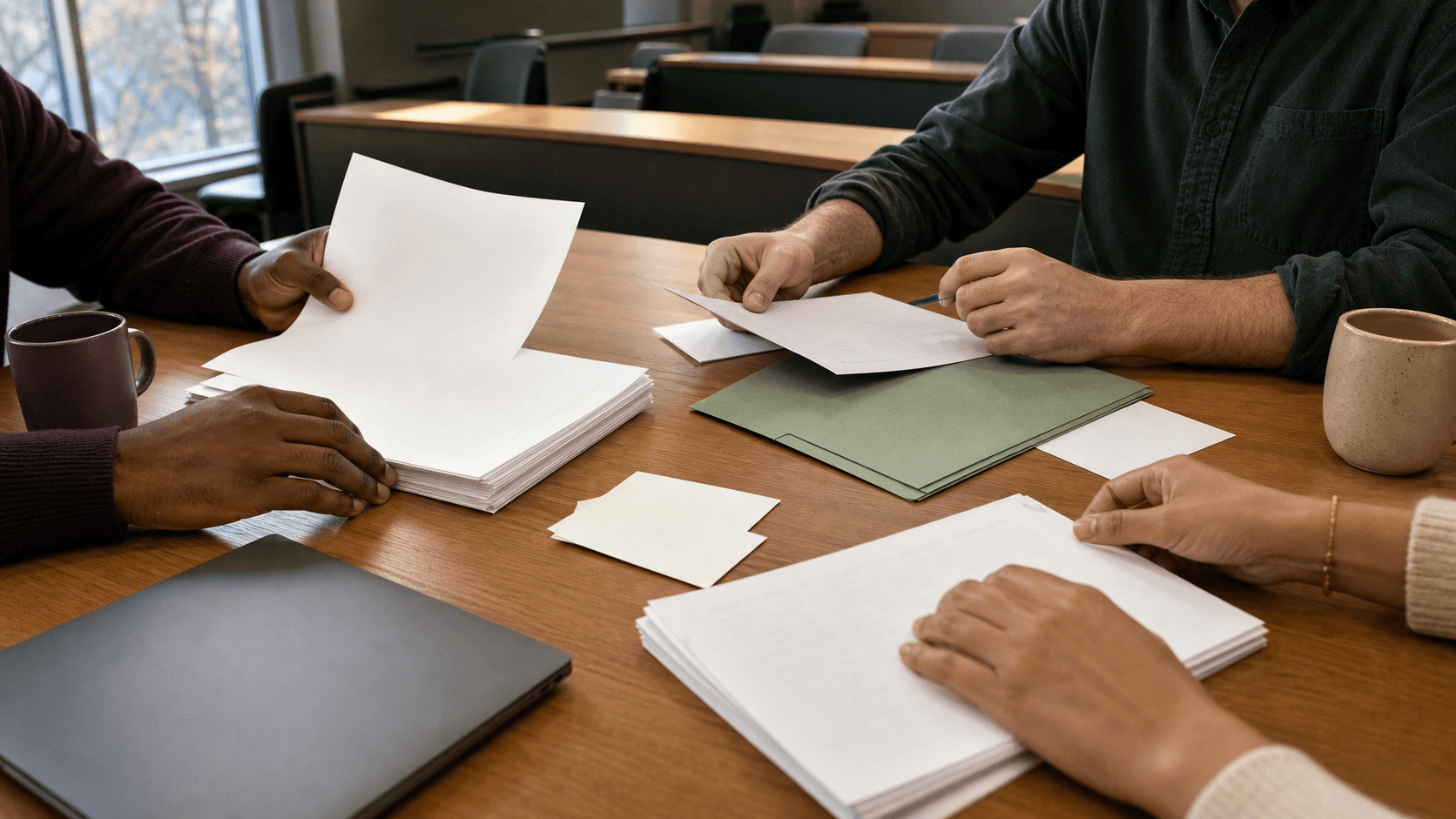 Three academic collaborators organize generic manuscript pages in a university economics seminar room.