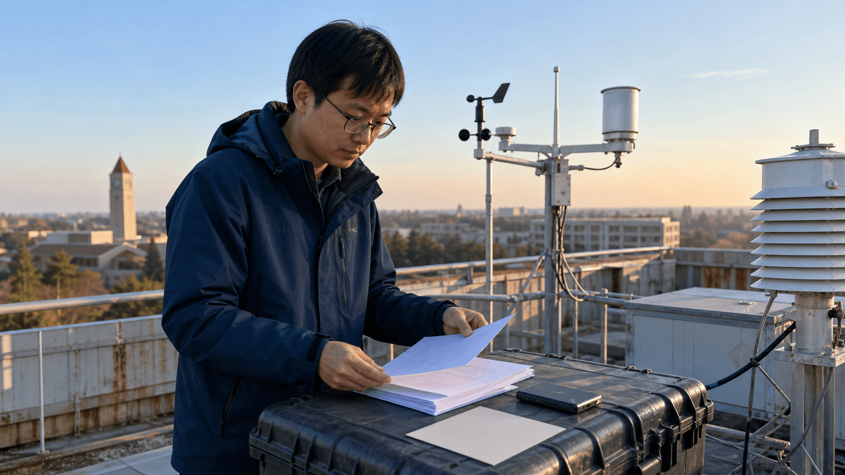 An earth-science researcher sorts generic manuscript and data-handoff materials at a rooftop weather-observation platform.