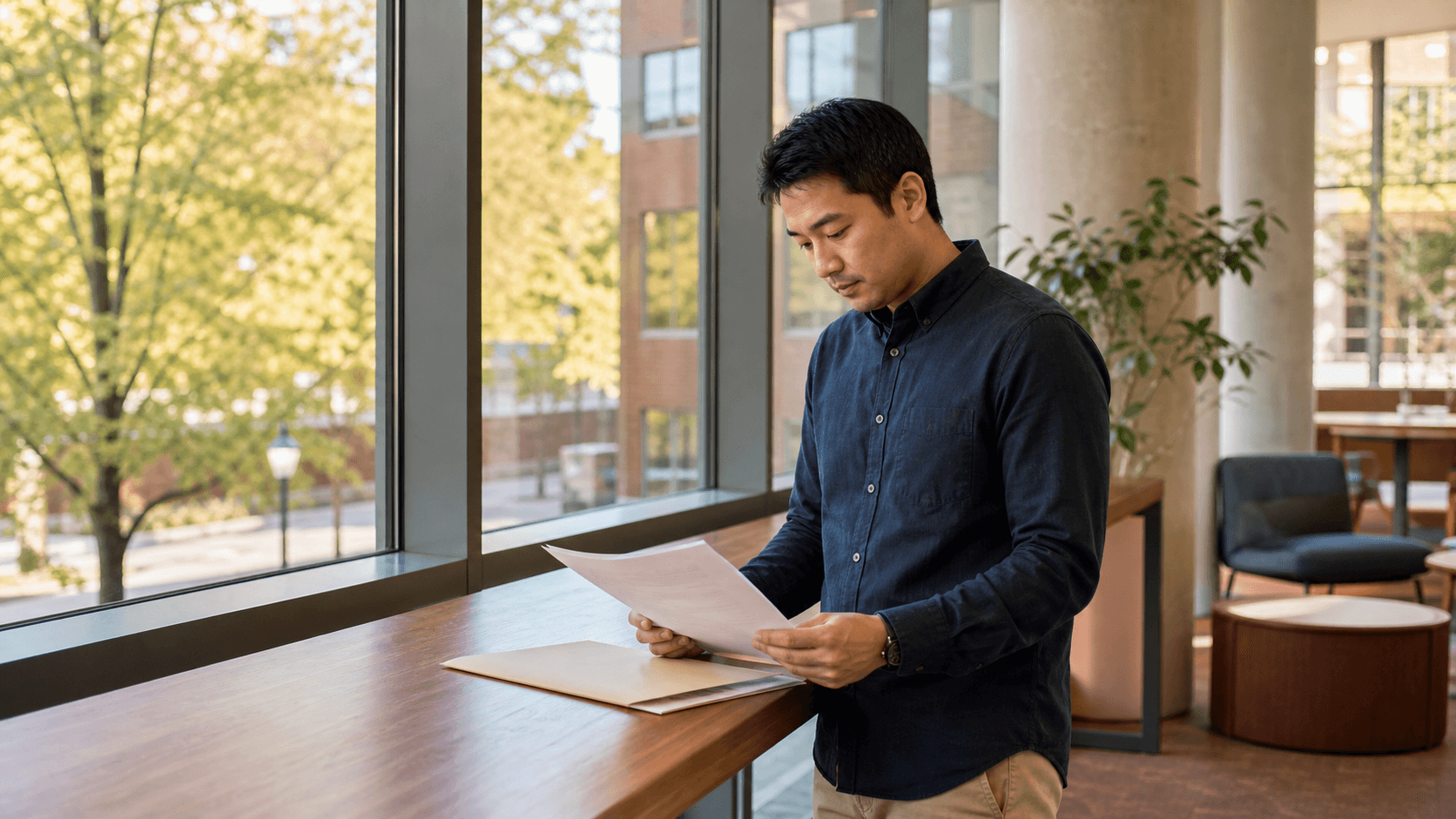 A researcher reviews manuscript pages at a shared counter in a university building.