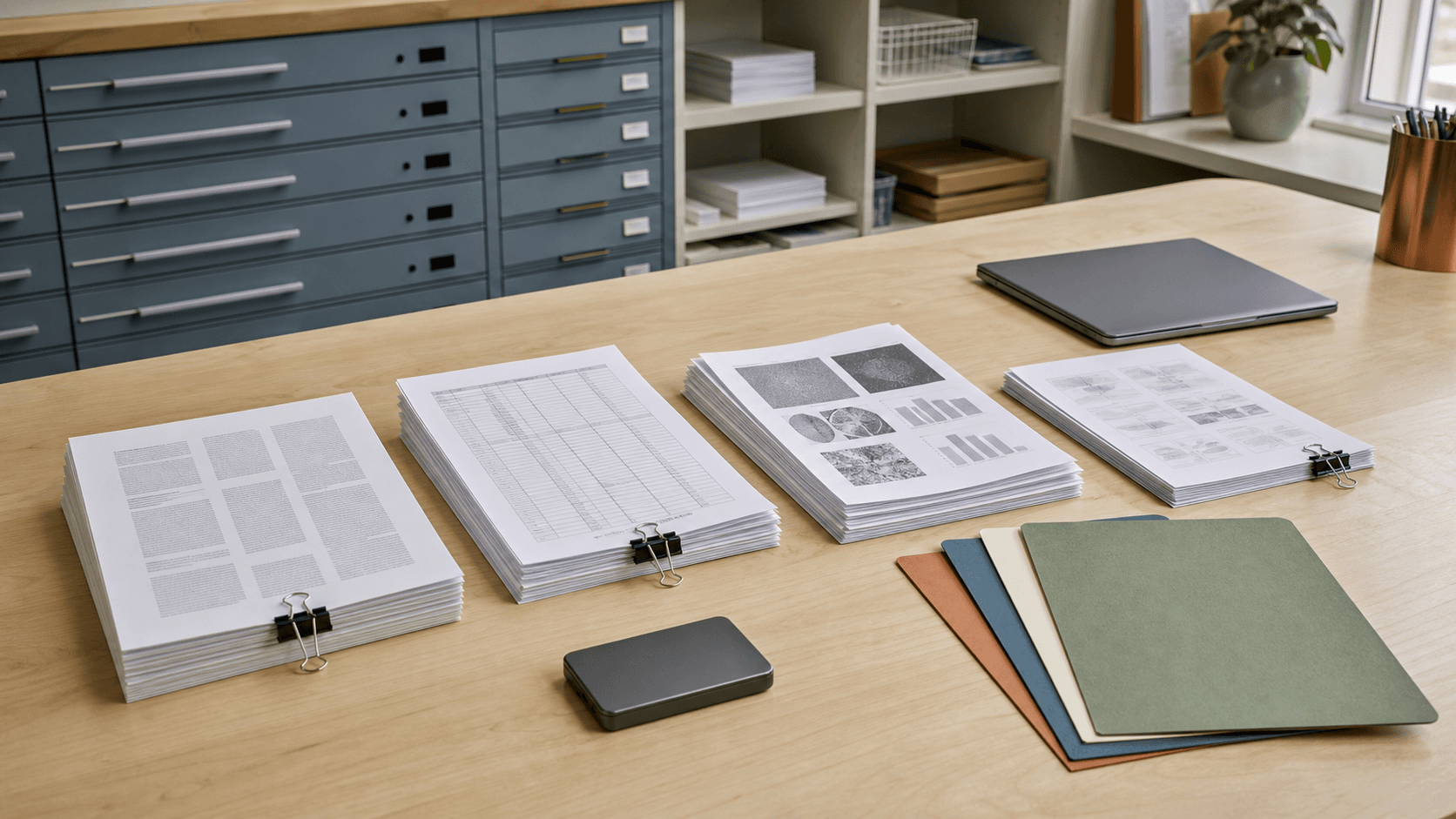 Separate stacks of generic manuscript, table, figure, and supplemental pages arranged in a university print room.