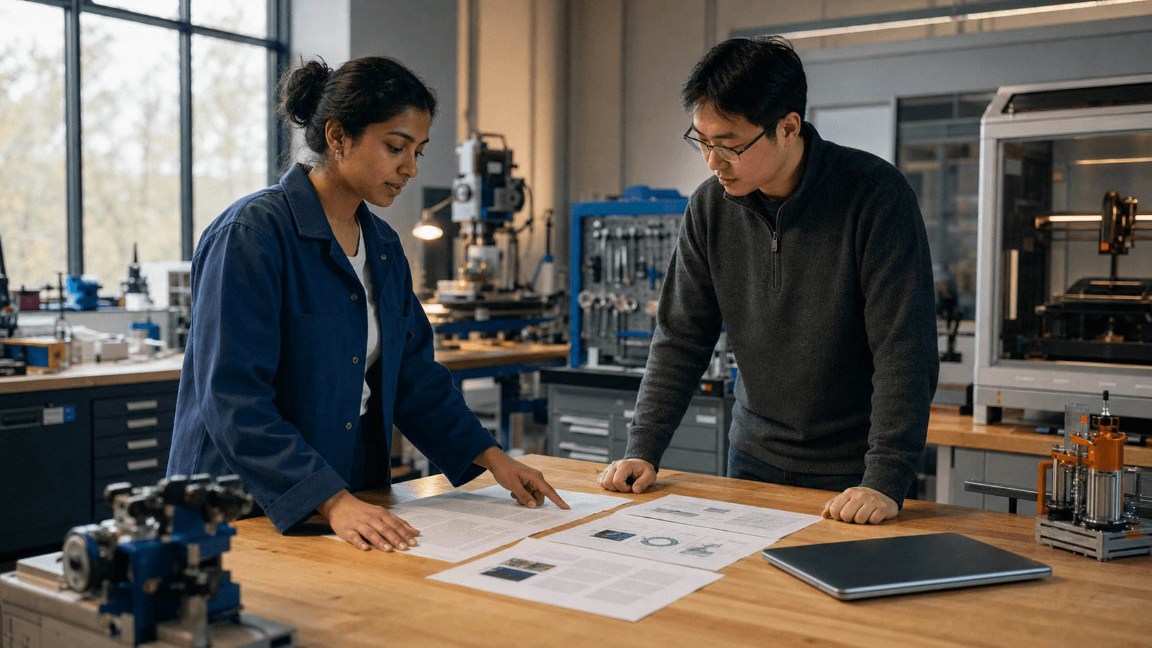 Two researchers compare generic manuscript pages at a workbench in a university engineering lab.