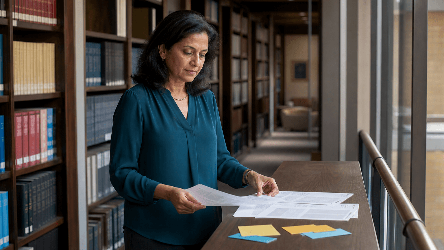 A physician-researcher reviews generic manuscript pages in a medical-school library.