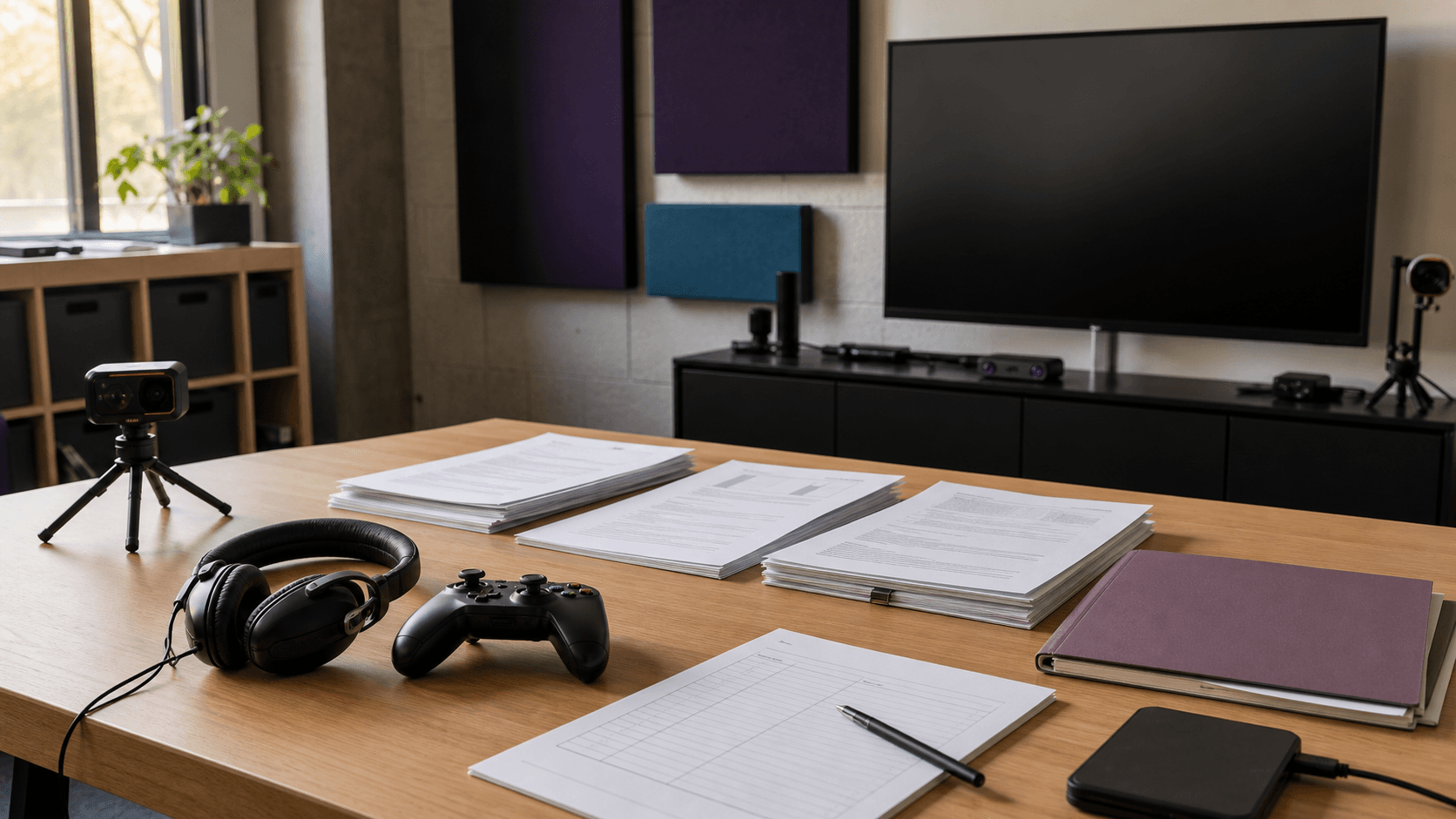 An unoccupied university serious-games usability lab with a display, game controller, headset, motion cameras, generic papers, and an external drive.
