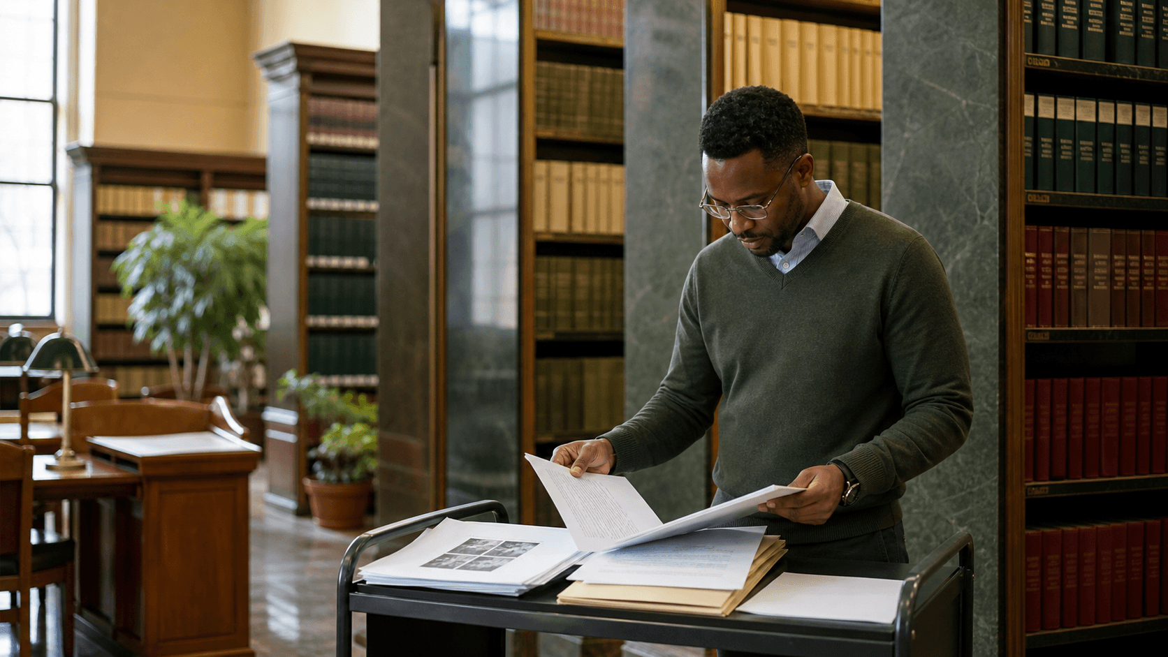 A researcher organizes generic manuscript pages on a rolling cart in a university medical library.