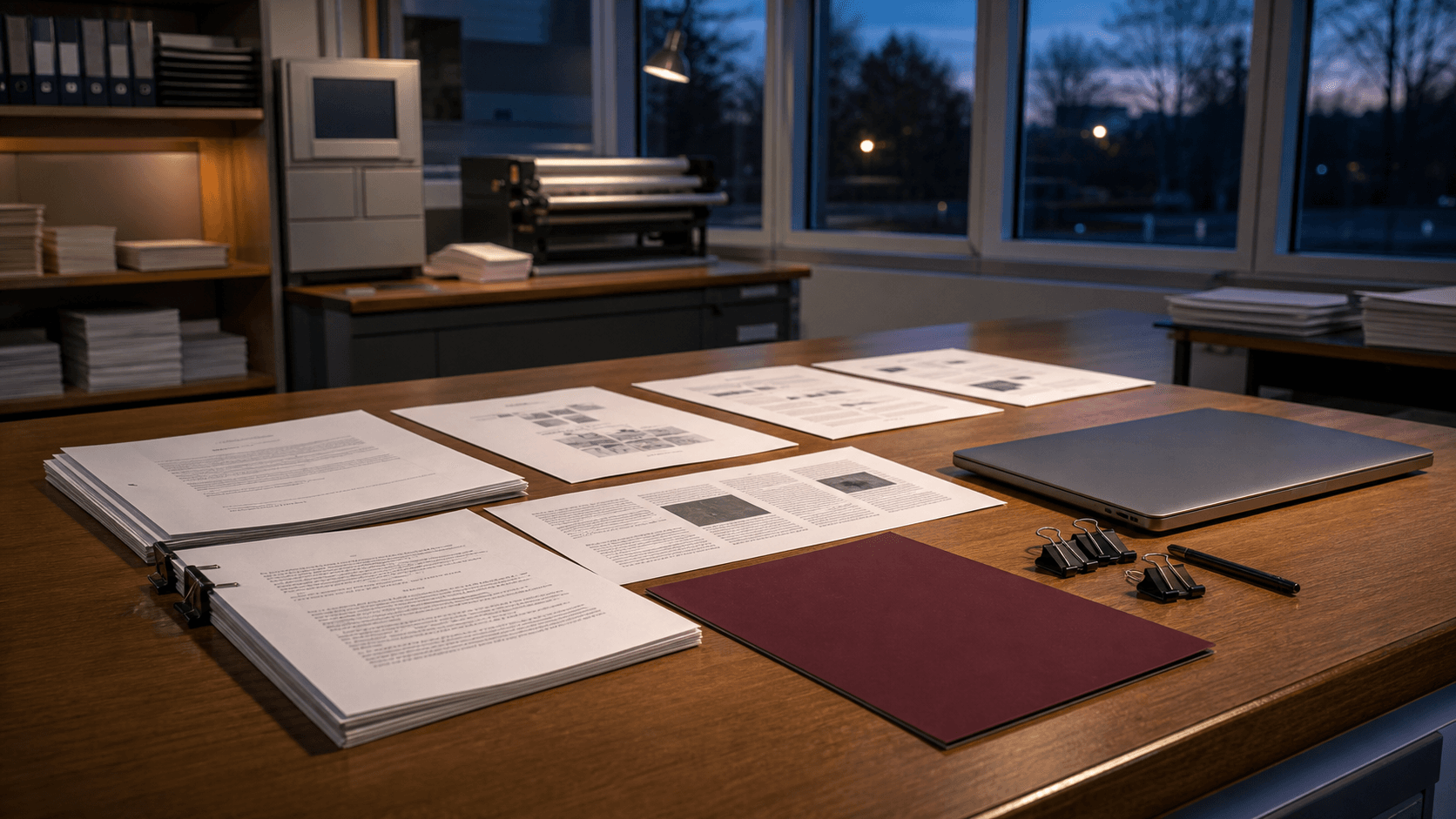 An organized manuscript review package rests on a worktable in a quiet university document-production room.