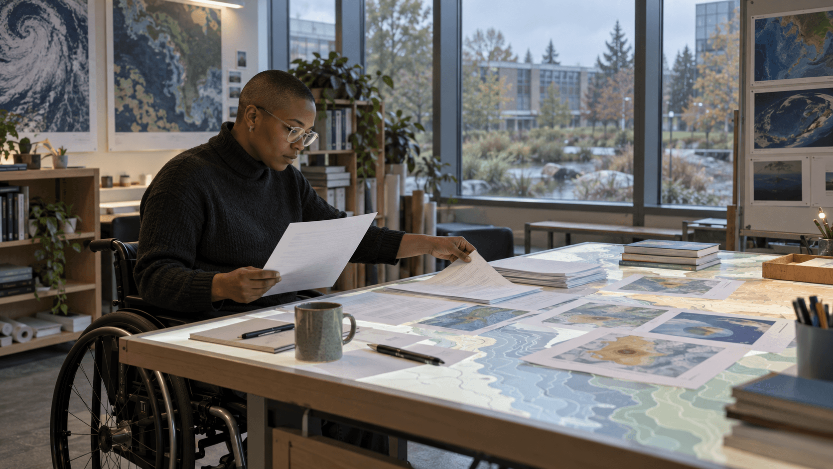 A climate researcher organizing manuscript pages and map figures at an illuminated university visualization table.