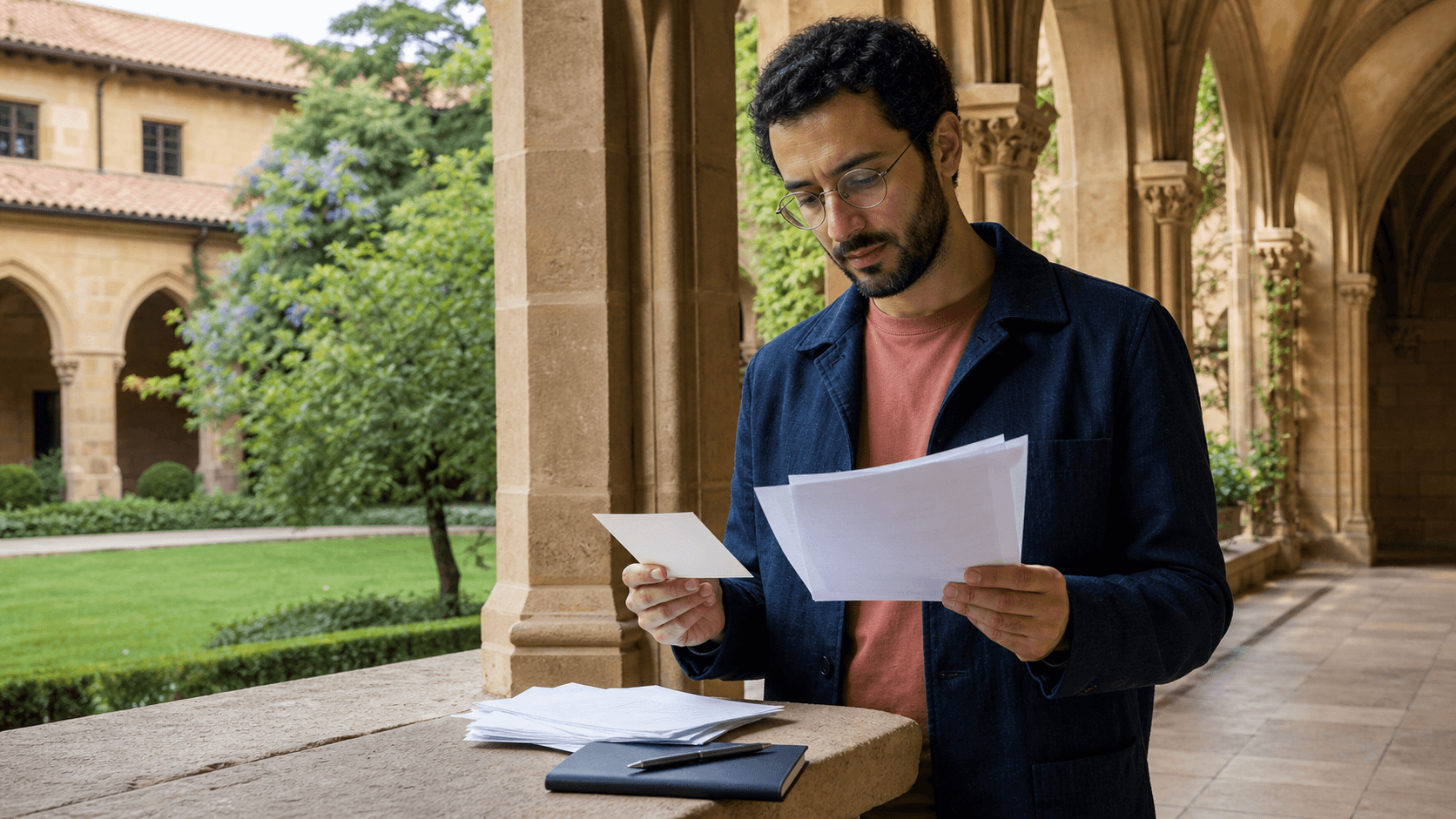 An academic researcher reviews generic manuscript pages beside a blank note card in a university cloister.