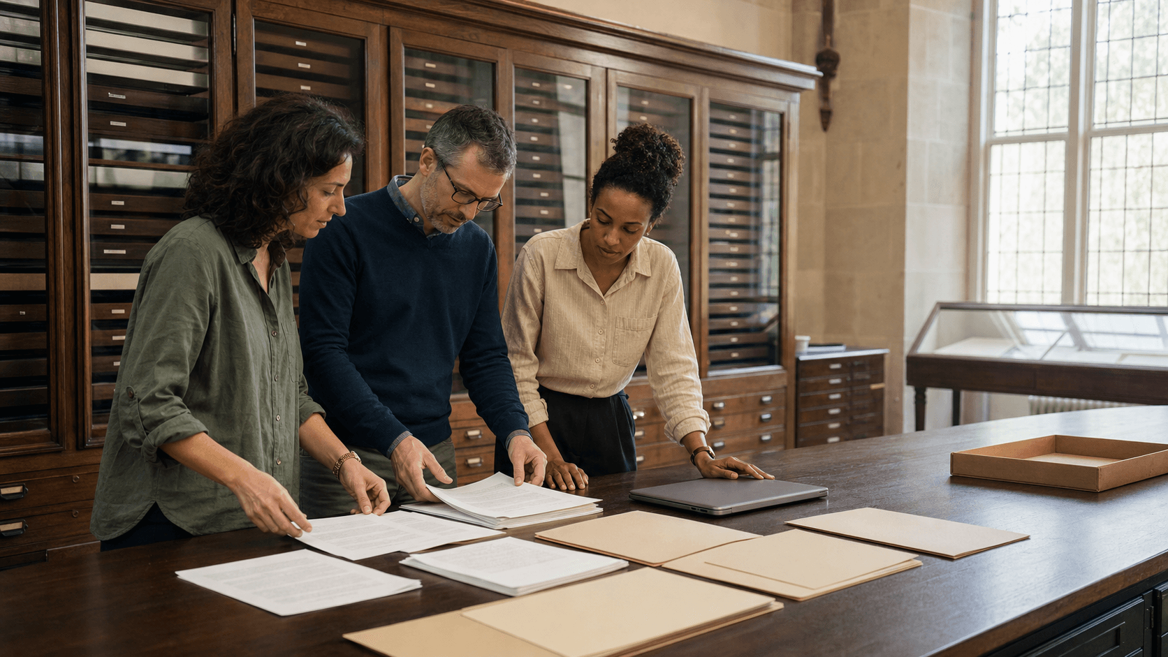 Three genetics researchers organize generic manuscript pages and file folders in a university seed archive.