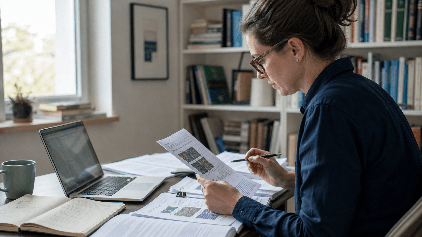An academic researcher reviewing manuscript figures and tables at a desk