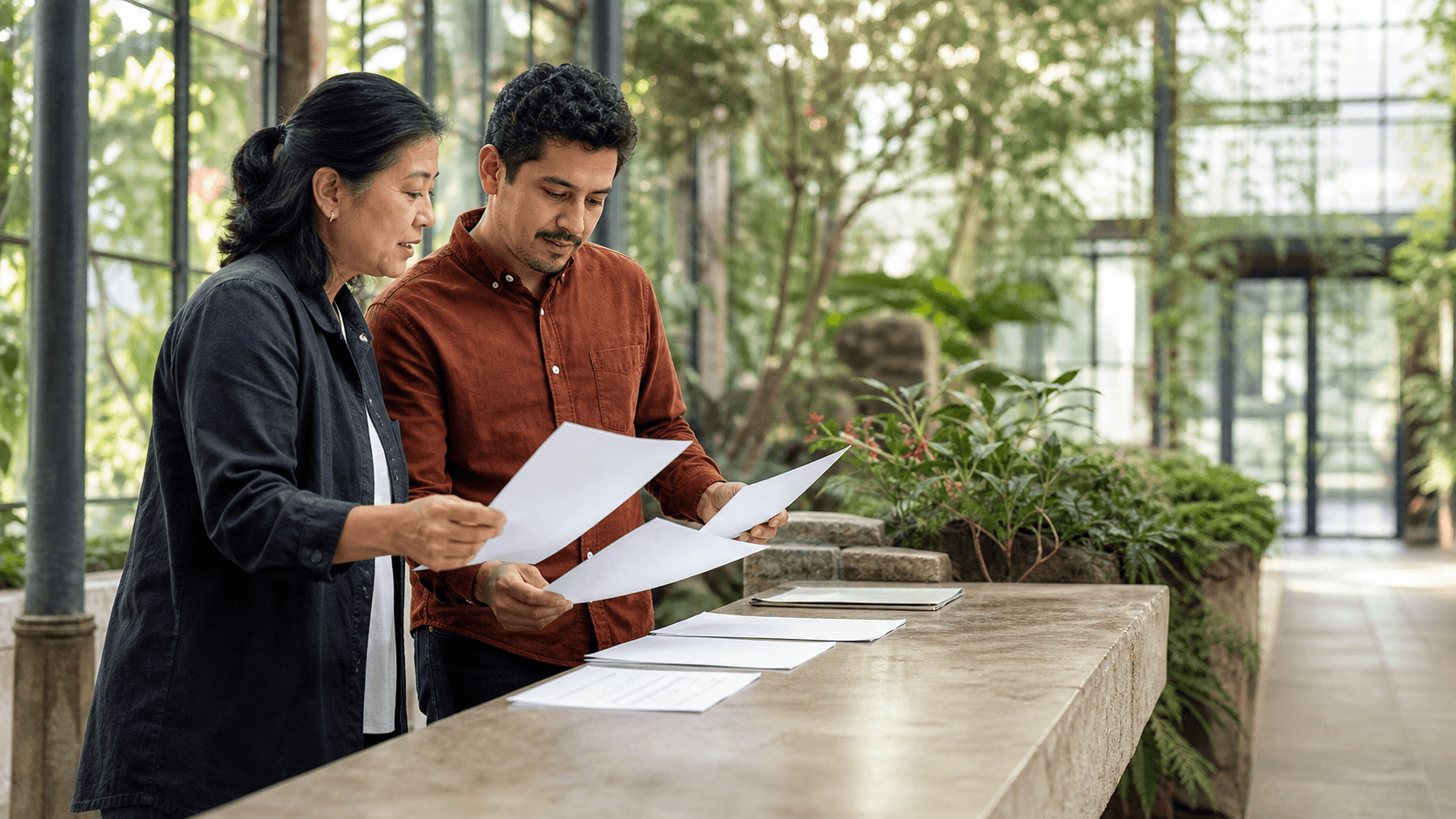 Two academic researchers comparing generic manuscript pages in a university botanical conservatory