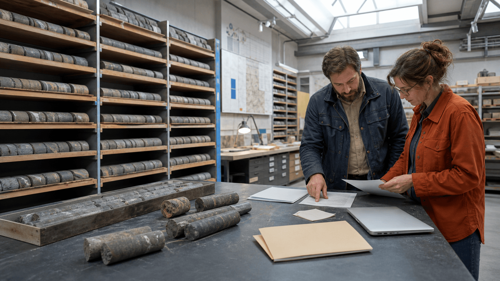 Two adult geology researchers review generic manuscript pages beside rock-core samples in a university core repository.