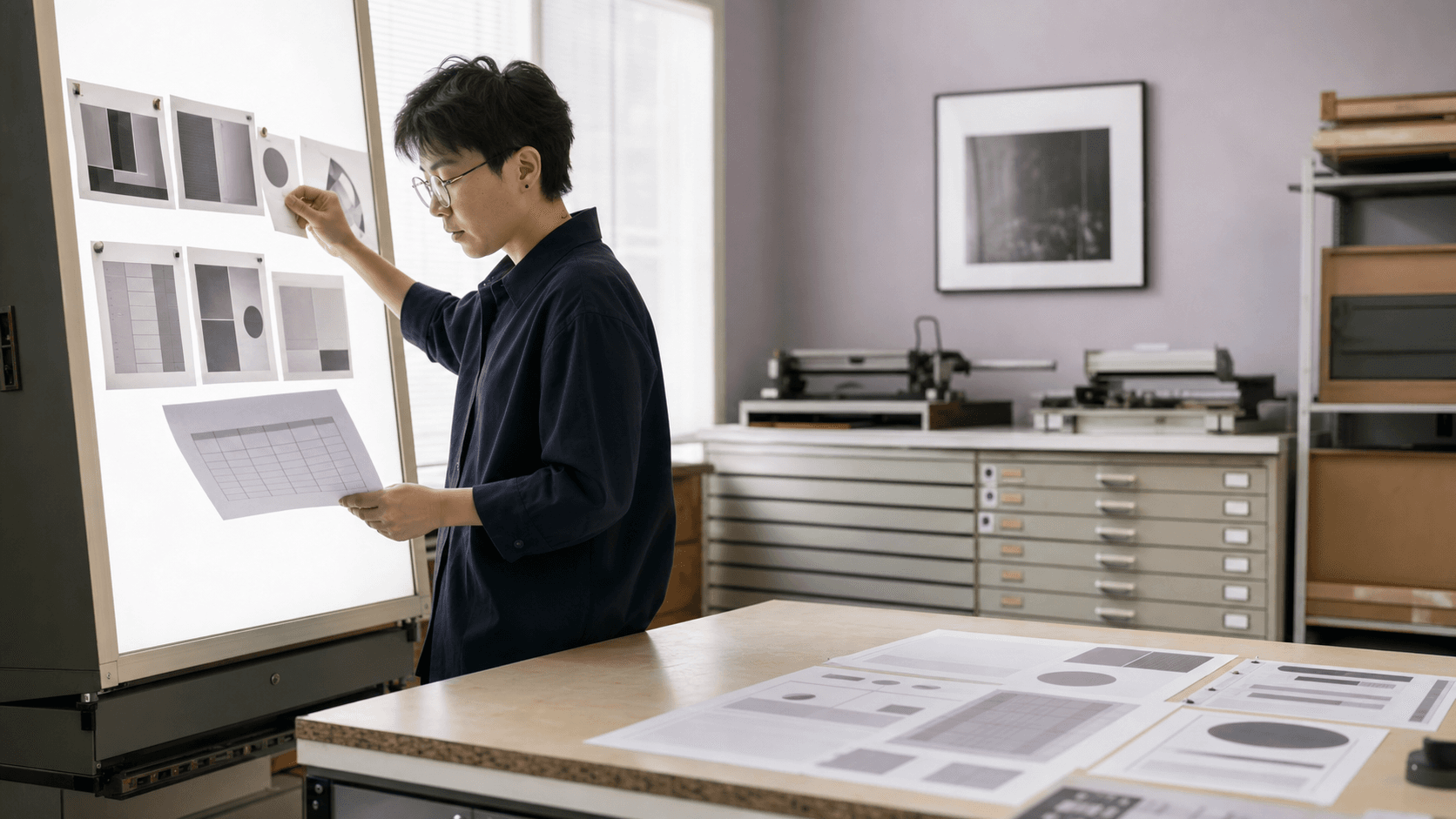 An academic researcher compares abstract figure sheets and an editable table at a university lightbox.