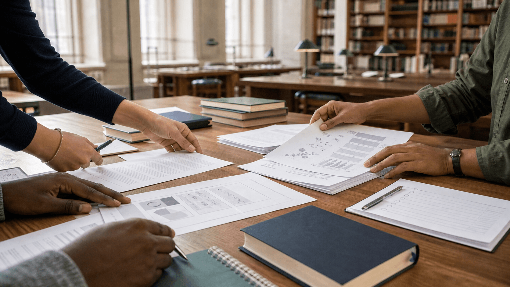 Researchers organize manuscript pages and figure sheets together at a university library table.