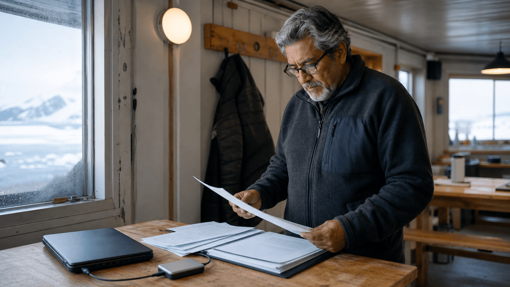 A glaciology researcher reviews generic manuscript pages in a remote polar field station.