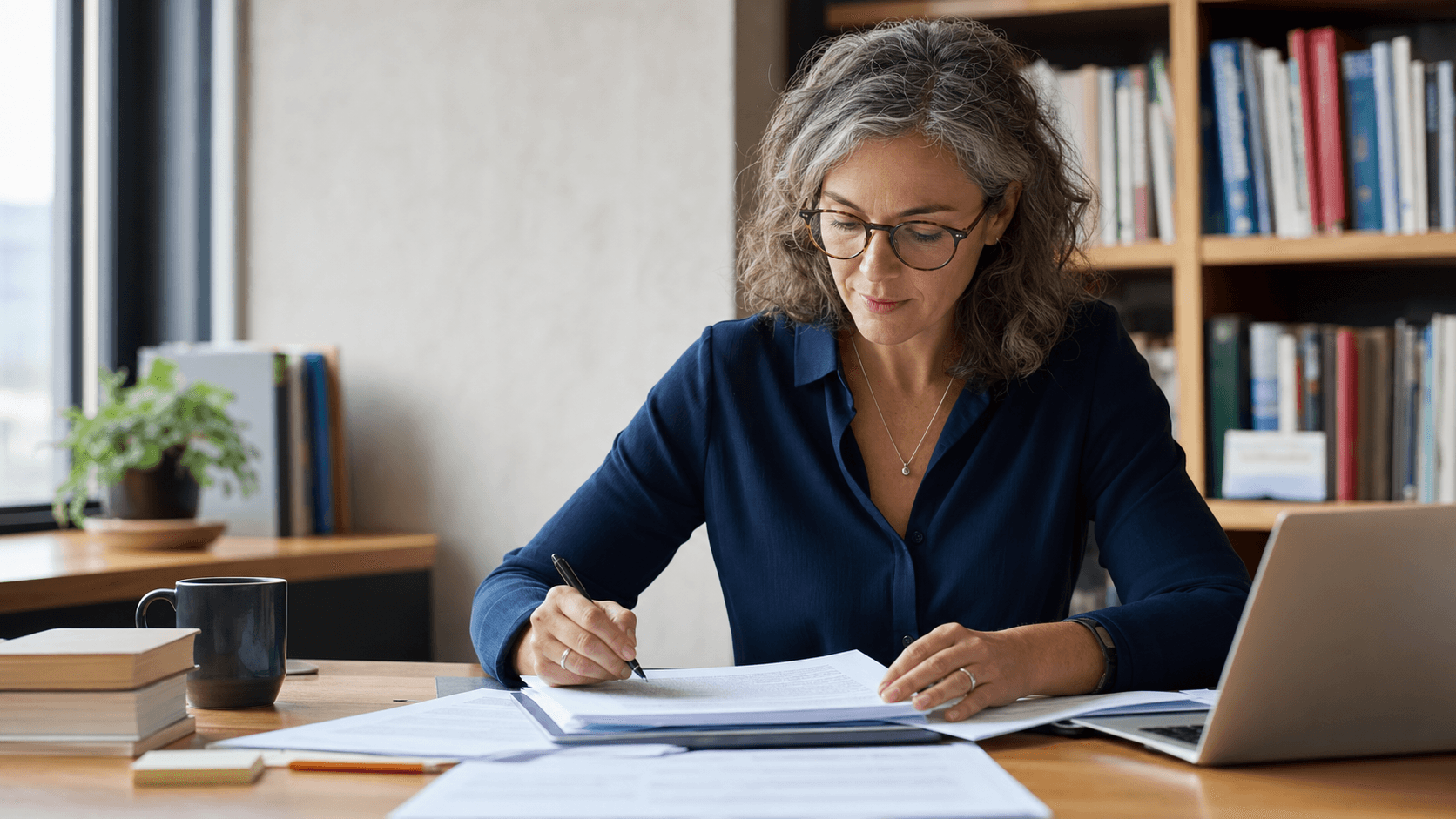 Academic author writing and reviewing a manuscript